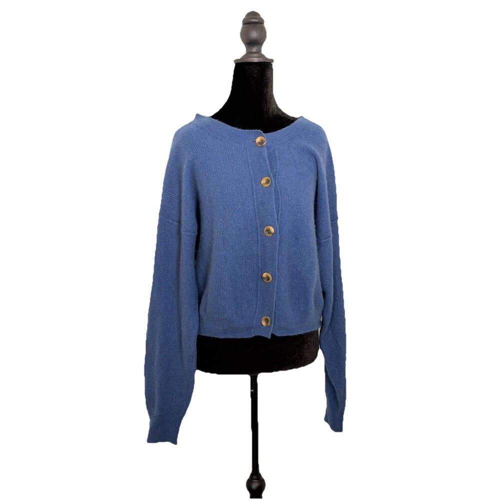 Free People Lila Cardi Blue Size Large Crew Neck Cardigan Cashmere Sweater
